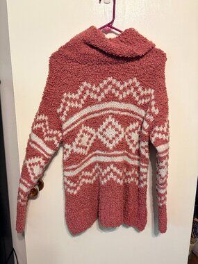 Sonoma Pink White Fair Isle Cowl Neck Sweater Medium Popcorn Boucle Knit Top
